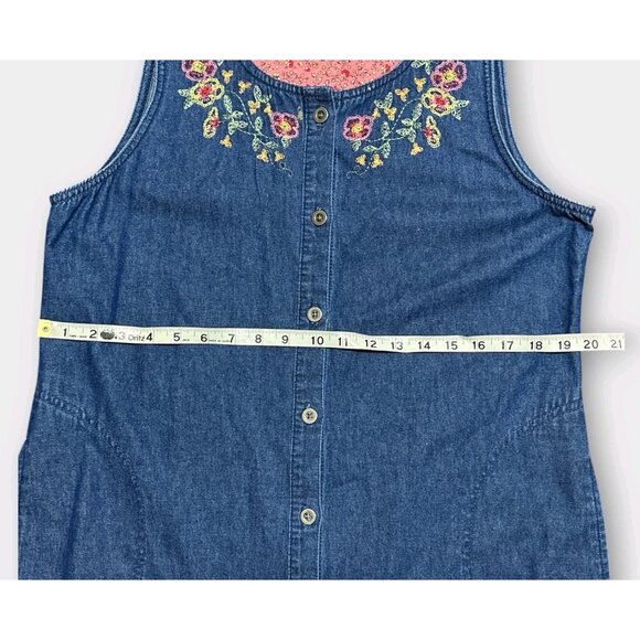Vintage Womens Dress L Embroidery Floral Denim Maxi Pockets A-Line Retro Teacher - Picture 8 of 8